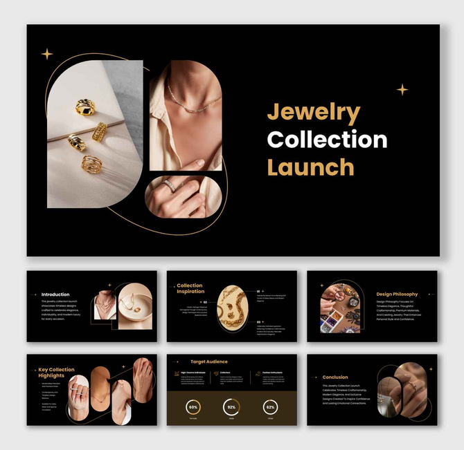 A Jewelry collection launch presentation with gold rings, necklace, black background, rounded frames and luxury text.