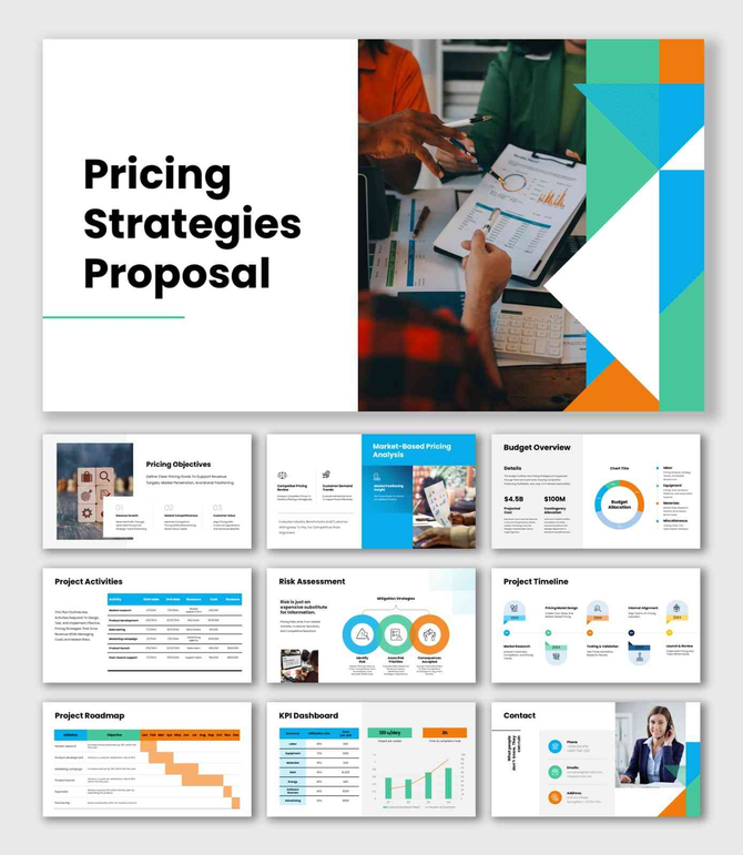 Pricing strategies proposal presentation with budget charts, teal multicolor shapes, data tables and clean layout.