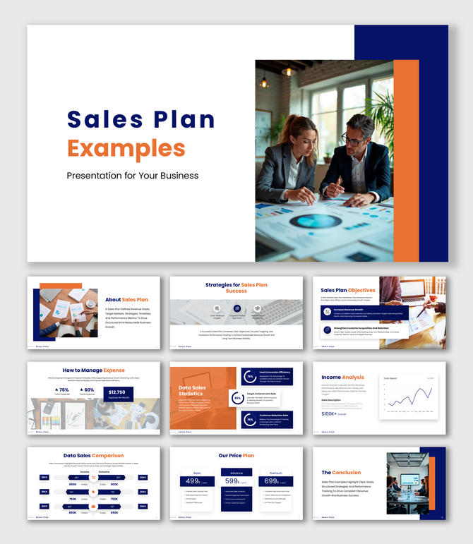 Sales Plan Examples presentation with blue orange theme, charts, pricing tables and clean text layout.