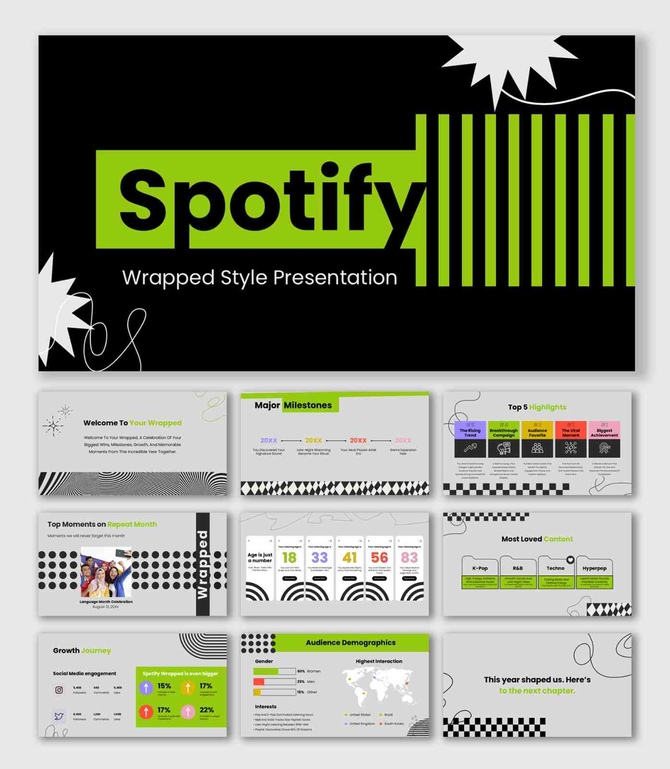 Spotify Wrapped Style Presentation with neon green bars, bold black theme, highlights, and milestone slides