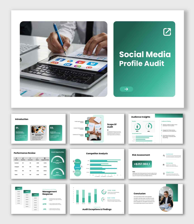 Social media profile audit presentation with green gradient slides, KPI charts, competitor graphs, and audit dashboard.