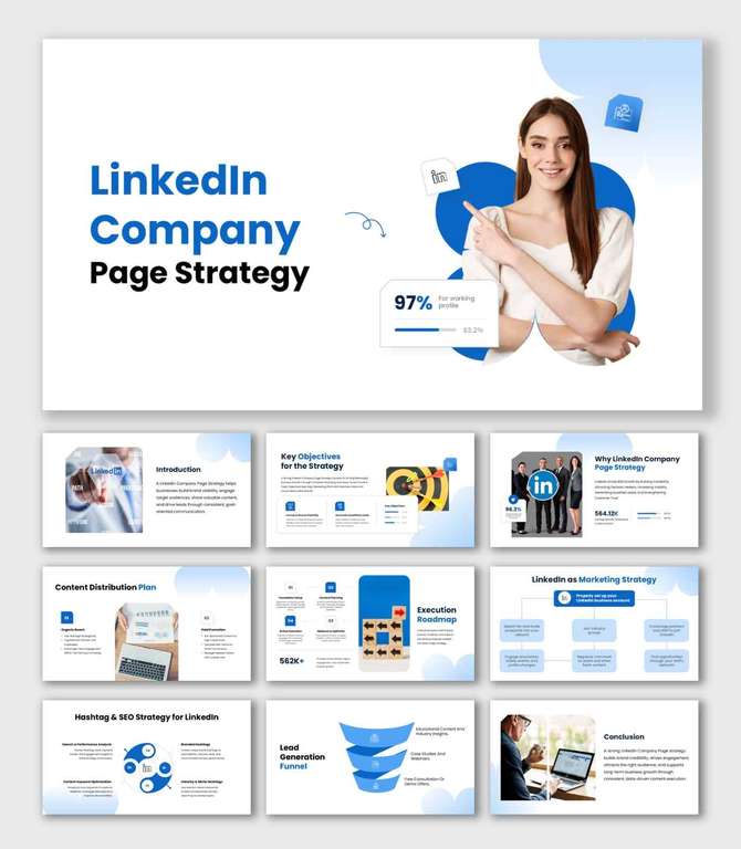LinkedIn company page strategy presentation template with soft blue shapes, data panels, and growth visuals.