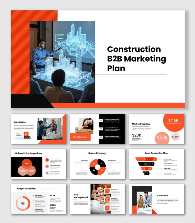 A Construction B2B Marketing Plan presentation featuring bold orange blocks, KPI circles, and grid layouts