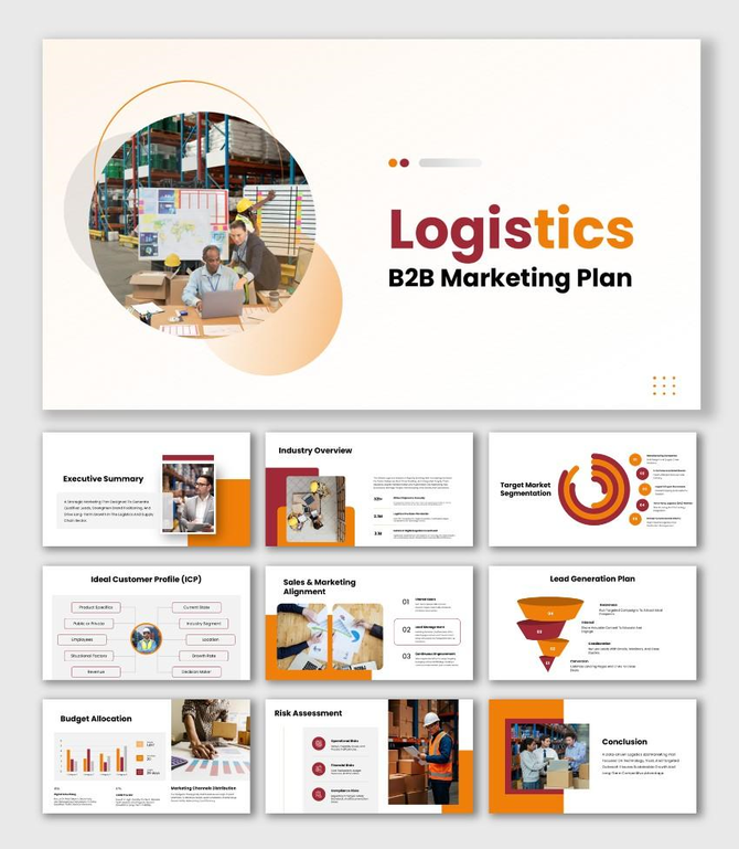 A  Logistics B2B Marketing Plan presentation with vibrant multicolor panels, segmentation chart, and icons.