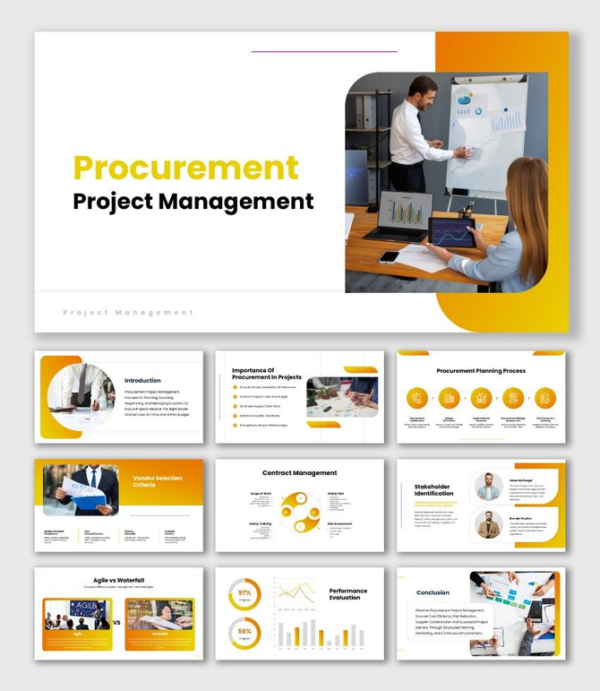 Procurement Project Management presentation with flow diagrams, bars, and Virbrant gradient color accents.