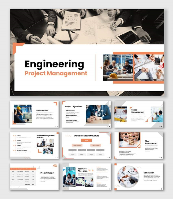 Engineering Project Management presentation with workflow diagram, budget grid, and image placeholders.