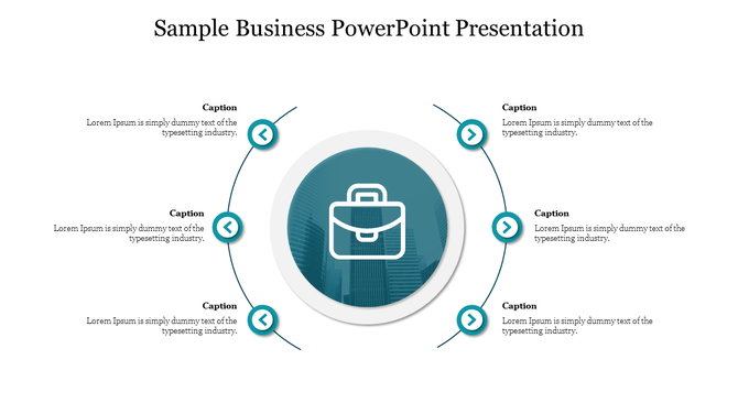 Business-themed circular diagram featuring a briefcase in the middle and each with labeled captions areas.