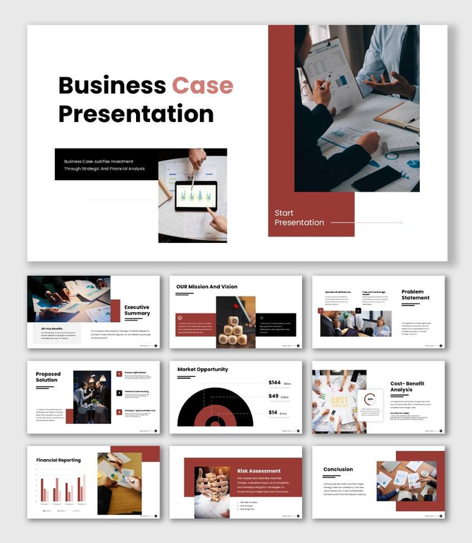 The Business Case PowerPoint Presentation Sample showing KPI graphs, cost analysis, and clean layout.