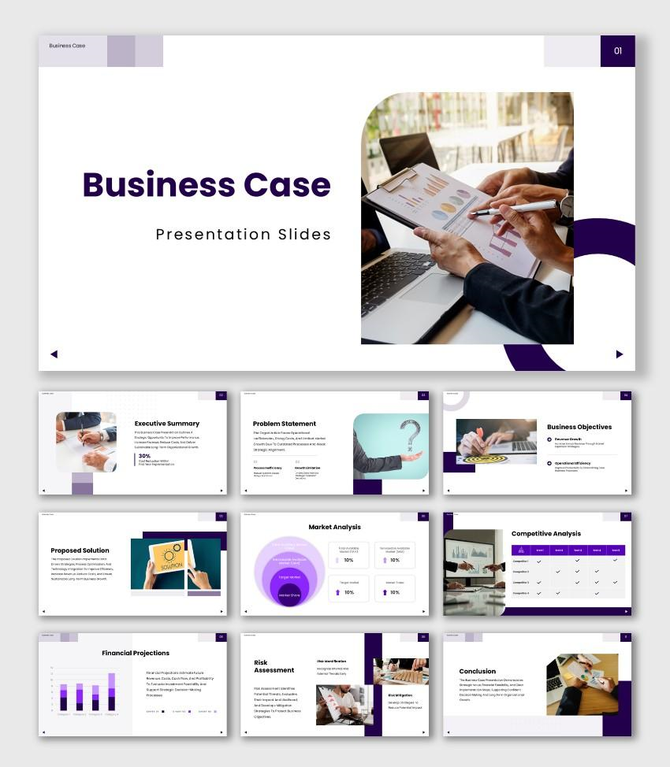 Business case presentation with purple theme, charts, tables, icons, and clean text sections for strategy review.