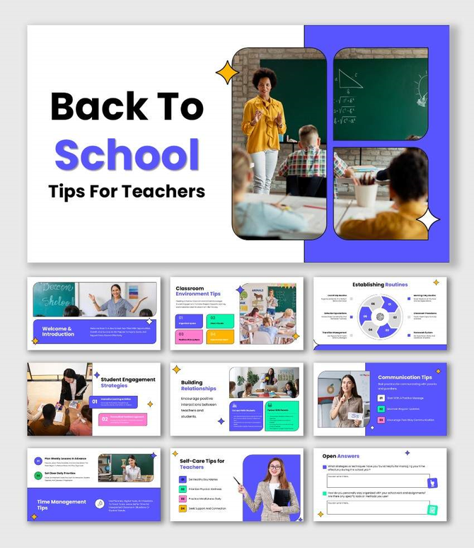 Back to school tips for teachers presentation with multicolor theme, classroom photos, icons, and text blocks.