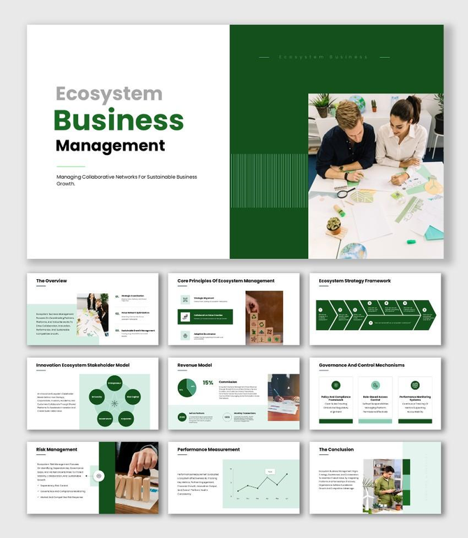 Ecosystem business management presentation with green panels, framework chart, and team visuals