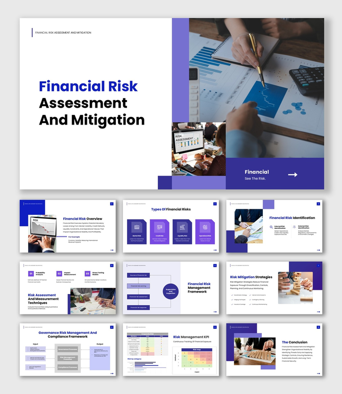Financial risk assessment and mitigation presentation with blue theme, KPI heatmap, charts, and framework diagrams.
