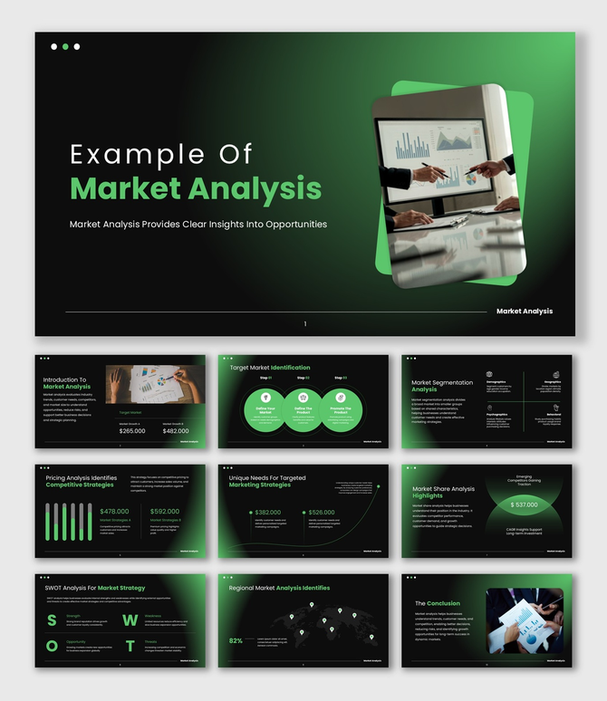 The example of market analysis green gradient color slides, charts, icons, text boxes, circular shapes, data visuals.