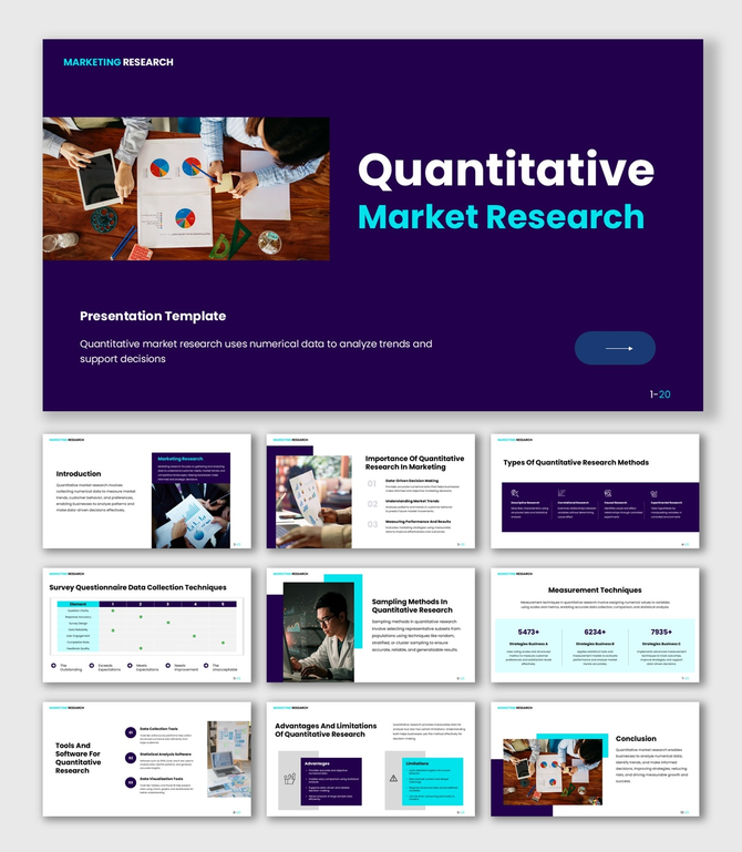 Quantitative Market Research purple and blue coloe slides with charts, graphs, icons, text boxes and clean data visuals.