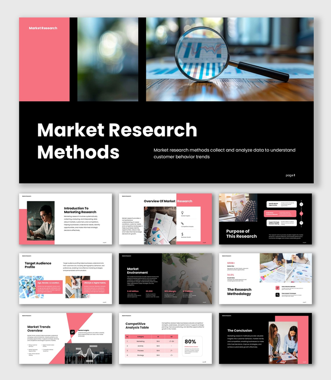 Marketing Research Methods slides with black coral and pink color theme, charts, text boxes, shapes, and analysis layouts.