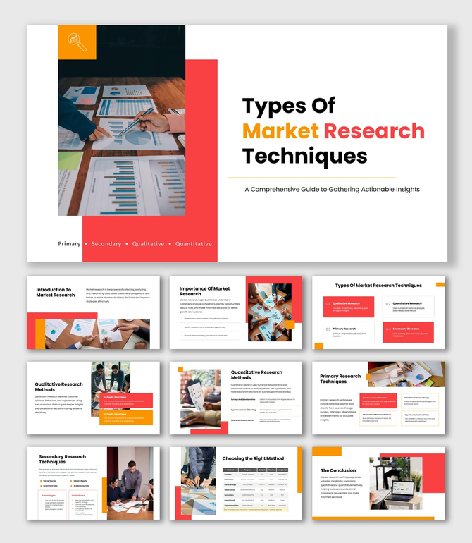 Types Of Market Research Techniques slides, red theme, charts, text boxes, data visuals, clean layout.