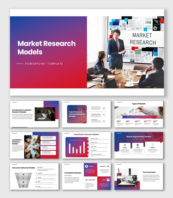 Market Research Models Presentation PPT, red gradient slides, team charts, icons, text boxes, data visuals layout.