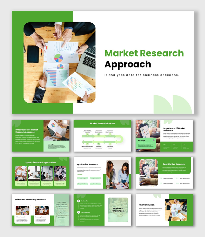 The Market Research Approach Presentation template with green theme, charts, graphs, icons, and content layouts.