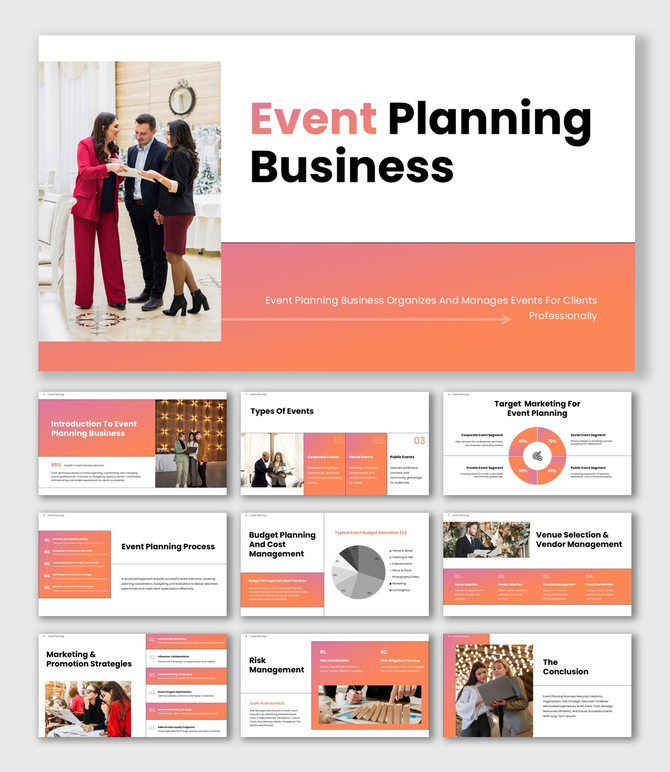 The Event Planning Business PPT with team discussing plans, event types, budget, and marketing strategy layout.