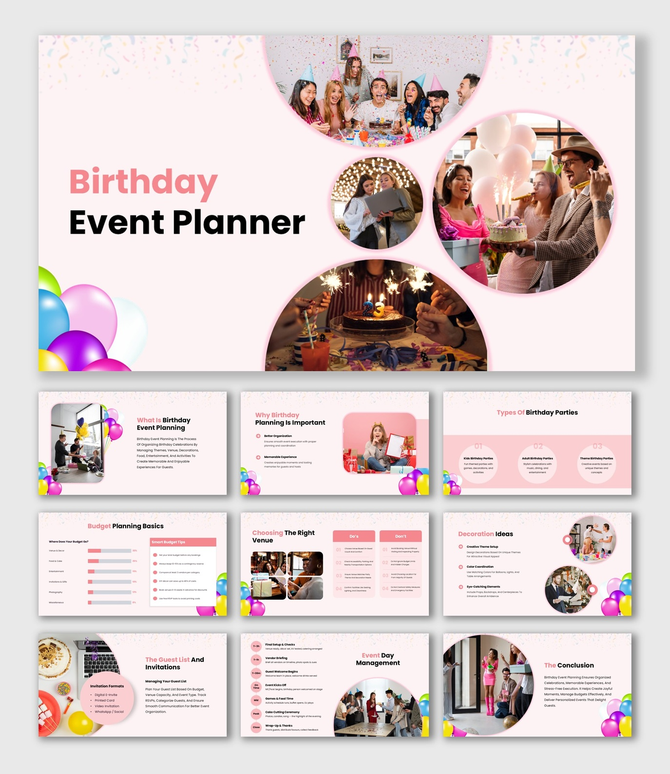The Birthday Event Planner Presentation with cake, balloons, friends celebrating, party ideas and planning steps.