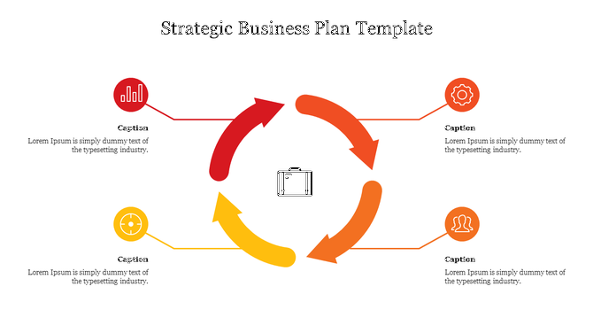 Strategic business planning graphic with circular arrows and icons representing various elements around a central briefcase.