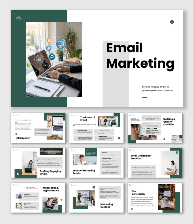 Email Marketing presentation showing laptop, email icons, content creation, segmentation, and performance tracking.