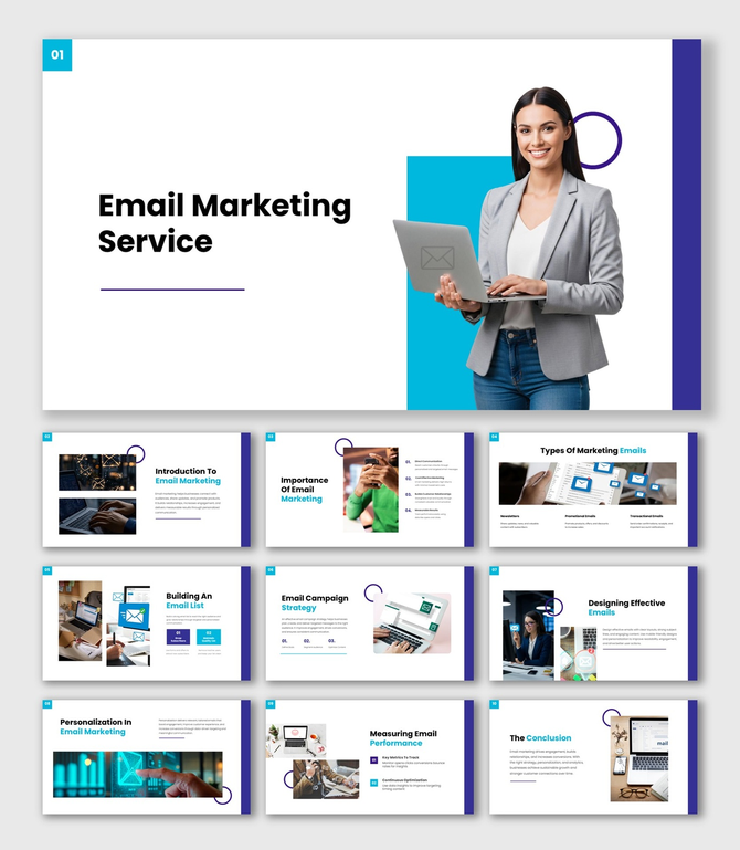 Email marketing service presentation with woman using laptop, email icons, campaign strategy, and performance tracking.