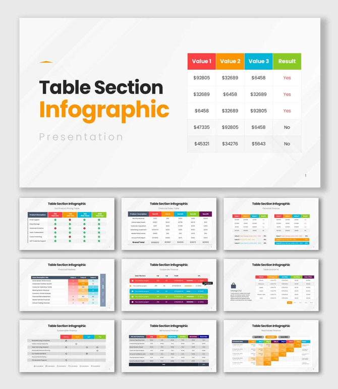 Table Section Infographic presentation with colorful tables, finance data, pricing charts, and comparison layouts.