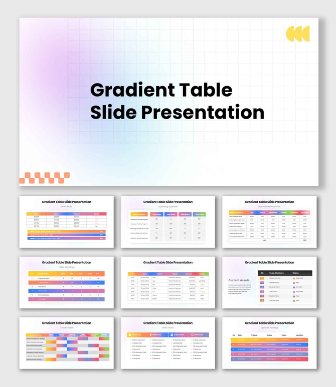 The Gradient Table Slide Presentation template featuring gradient charts, financial tables, and report visuals.
