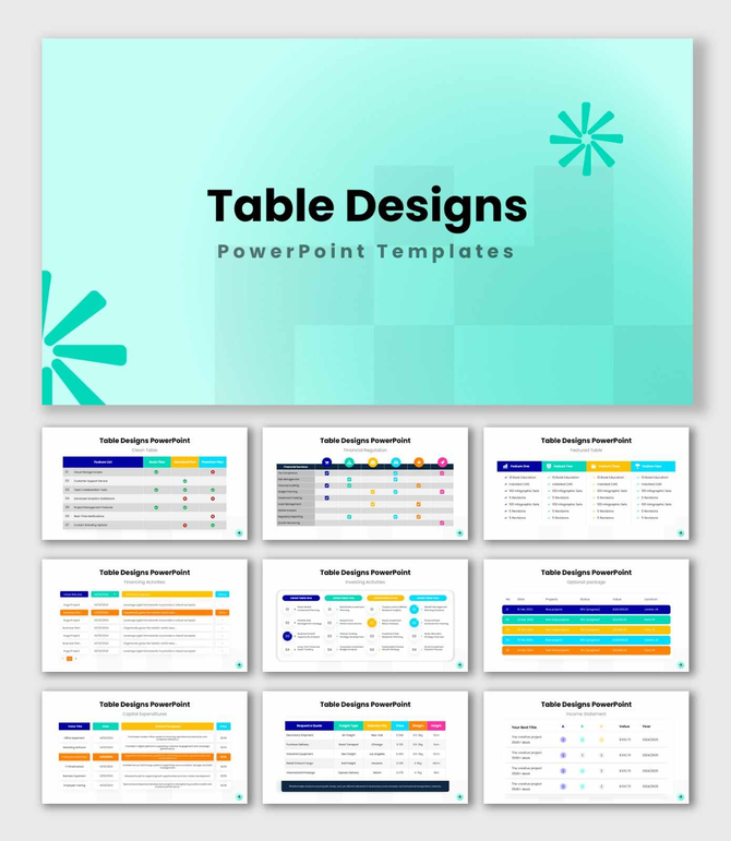 Table Designs PowerPoint template with colorful data tables, pricing charts, and business comparison layouts.
