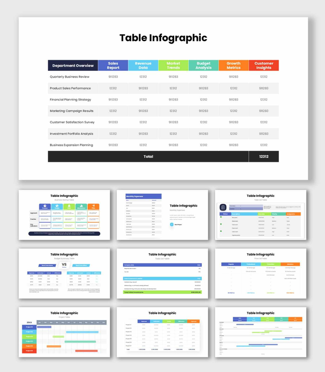 Table Infographic PowerPoint with modern tables, analytics dashboards, and organized business data visuals.