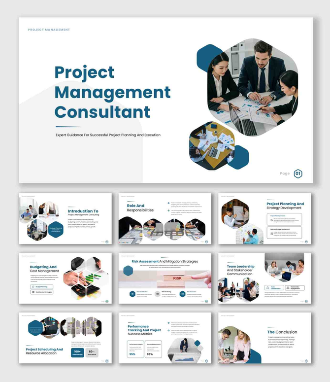 The Project Management Consultant PPT Presentation with business meetings, stakeholder planning, and workflow analysis.
