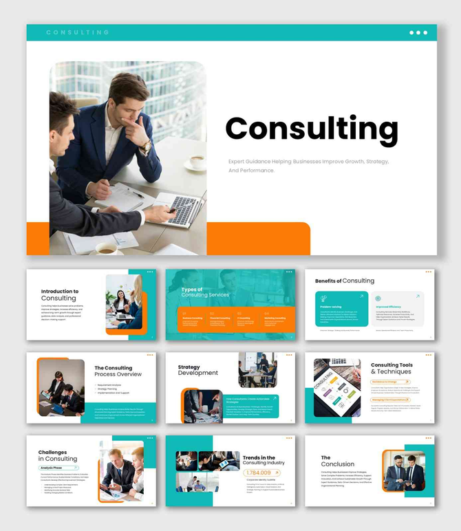 The Consulting PowerPoint template showing teamwork, strategy development, and business performance analysis.