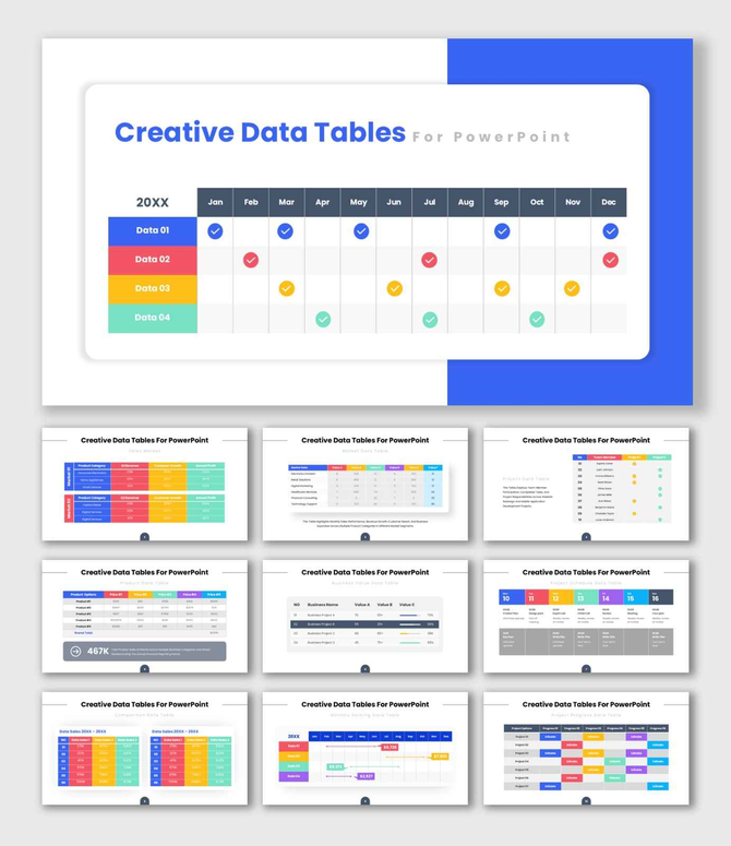 The Creative Data Tables Presentation with colorful business charts, monthly tracking, and analytics table layouts..