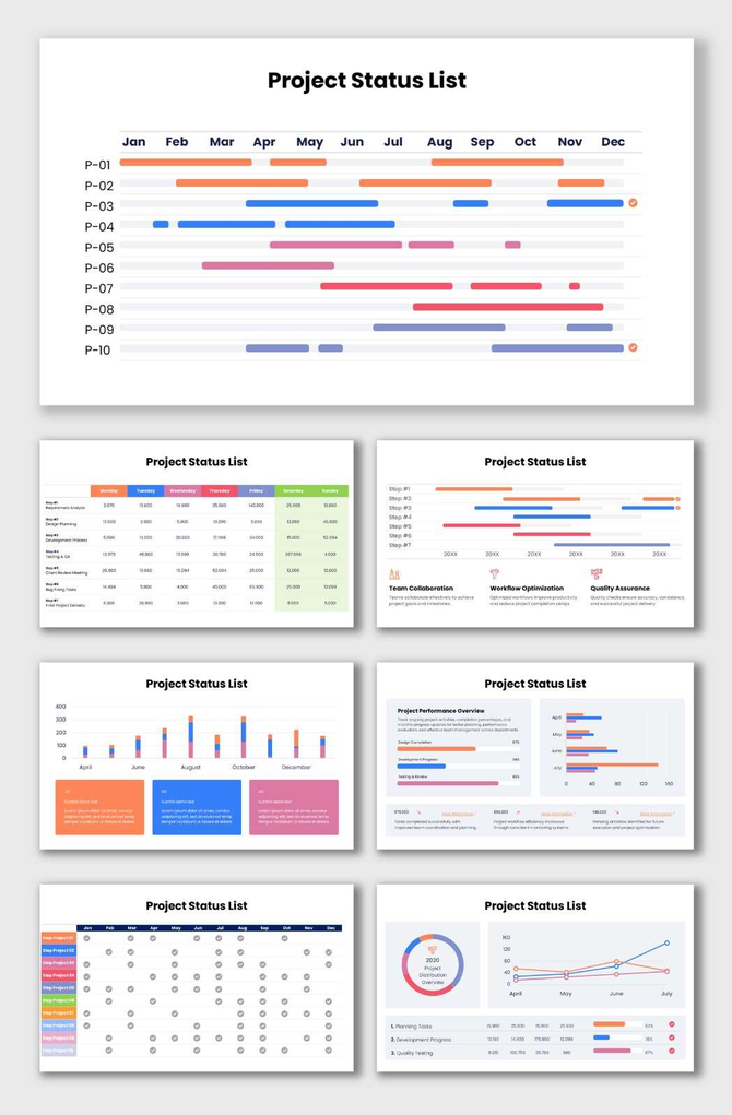 The Project Status List infographic with workflow timelines, team progress, and project performance metrics.
