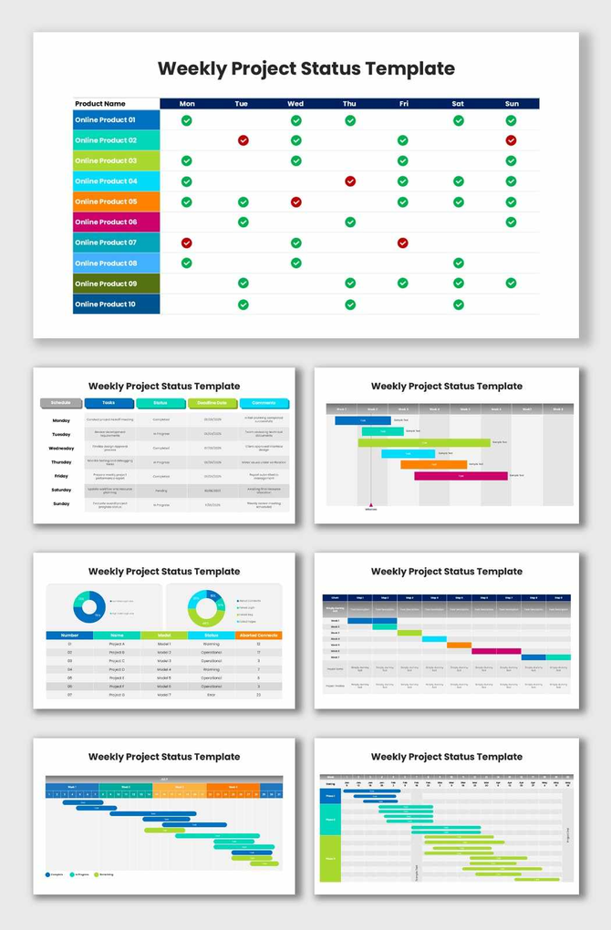 Weekly Project Status infographic Presentation featuring task monitoring, milestone tracking, and performance analysis.