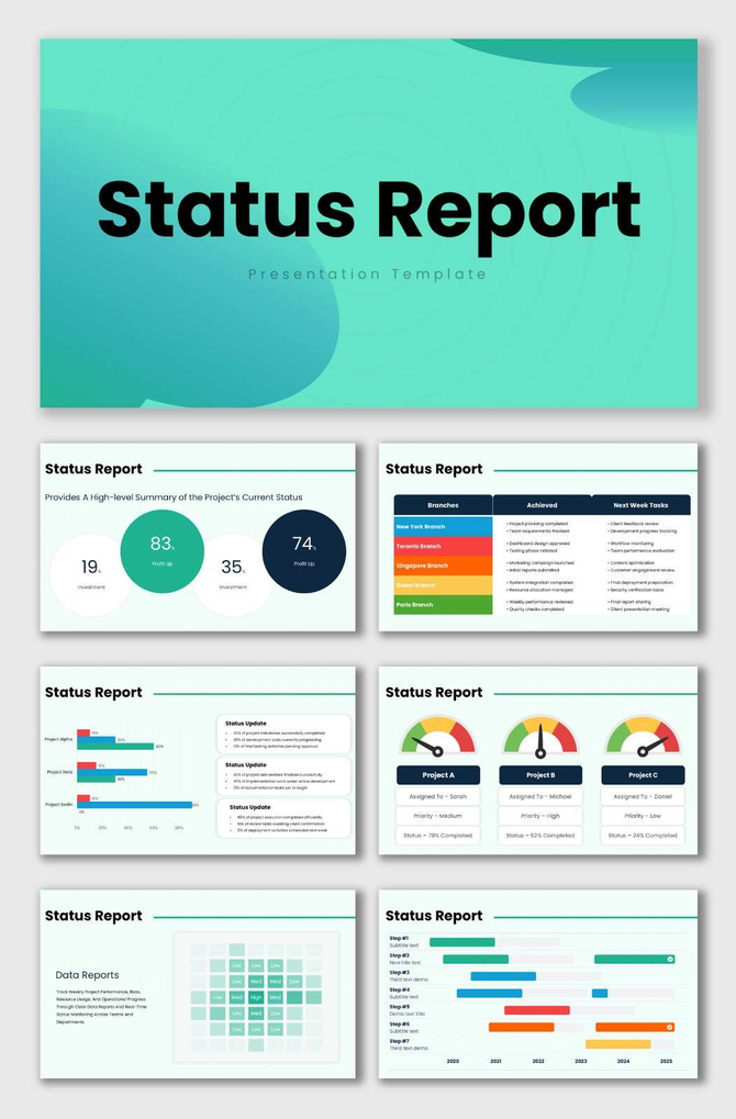 The Status Reporting PowerPoint template showing project timelines, KPI gauges, branch updates, and workflow progress.
