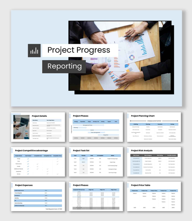Project progress reporting presentation dashboard with task tracking, project phases, risk analysis, and expense tables.