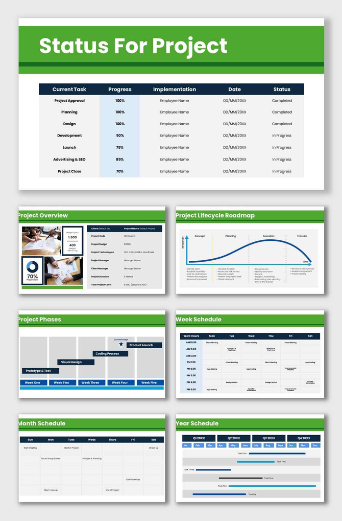 Status for projects presentation dashboard with project progress, schedules, lifecycle roadmap, and task tracking tables.