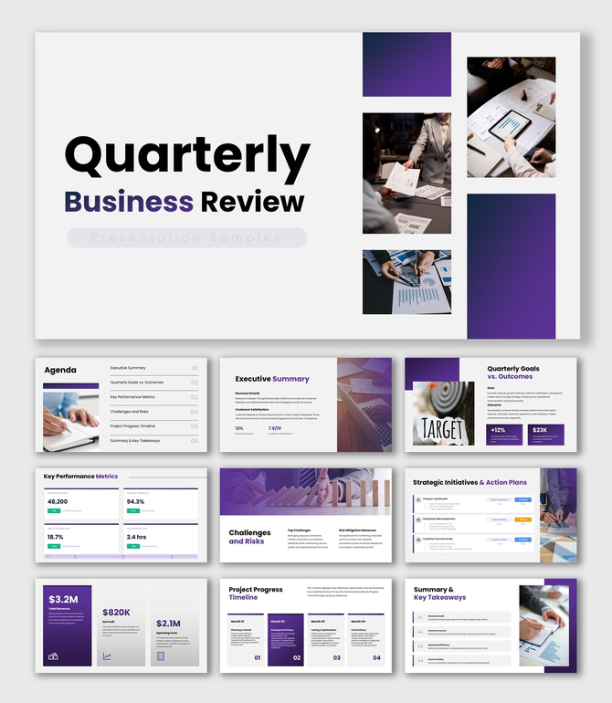 QBR presentation with performance charts, revenue metrics, goals vs outcomes, risks, and project progress review.