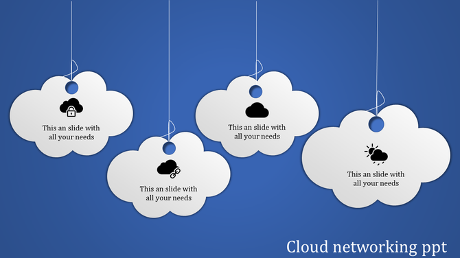 Four white cloud shaped boxes hanging from strings against a blue background, each with an icon and text.