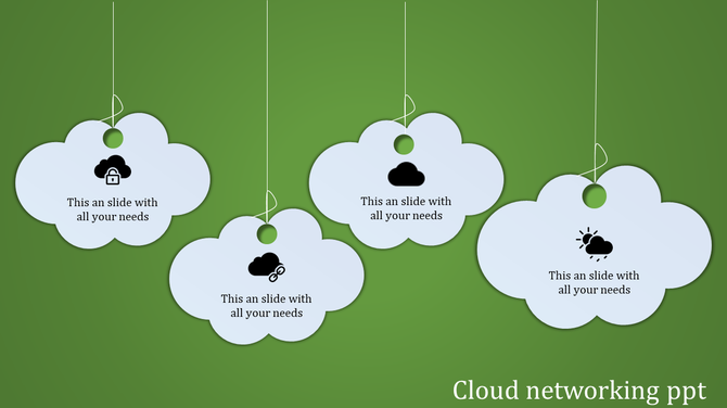 Cloud networking infographic featuring four suspended cloud shapes with different cloud-related icons and placeholder text.