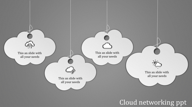 Four hanging cloud icons on a gray background, symbolizing benefits of cloud computing like scalability and security.