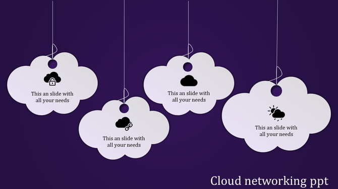 Cloud networking infographic featuring four white cloud shapes with different cloud-related icons and placeholder text.