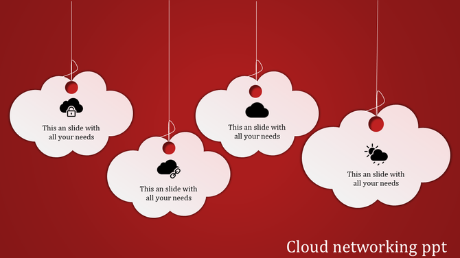 Graphic with four white cloud shapes hanging in a row, representing cloud networking features on a red backdrop.