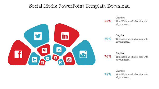Slide featuring social media platform logos in red and blue shapes, linked to captions and percentages for analysis.