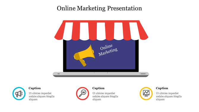 Slide for online marketing presentation with a laptop under a striped awning, showing a megaphone image and caption areas.