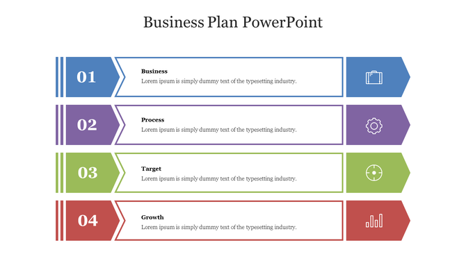 A business plan PowerPoint slide with four sections Business, Process, Target, and Growth, each with a corresponding icon.