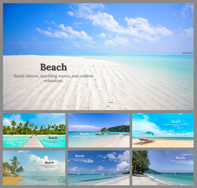 Various beach scenes including empty shorelines, palm-lined coasts, and colorful umbrellas under a clear sky.