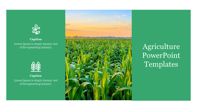 reen cornfield at sunset in the center, with agriculture icons and placeholder captions on the left and title text on the right.
